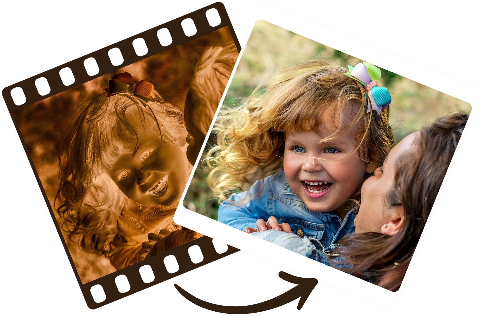 Film negative on the left, vibrant positive photo on the right, processed by Posify